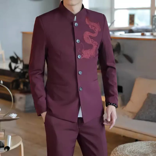 red Slim-fit Marroon Chinese  Mandarin Dragon Zhongshan suit