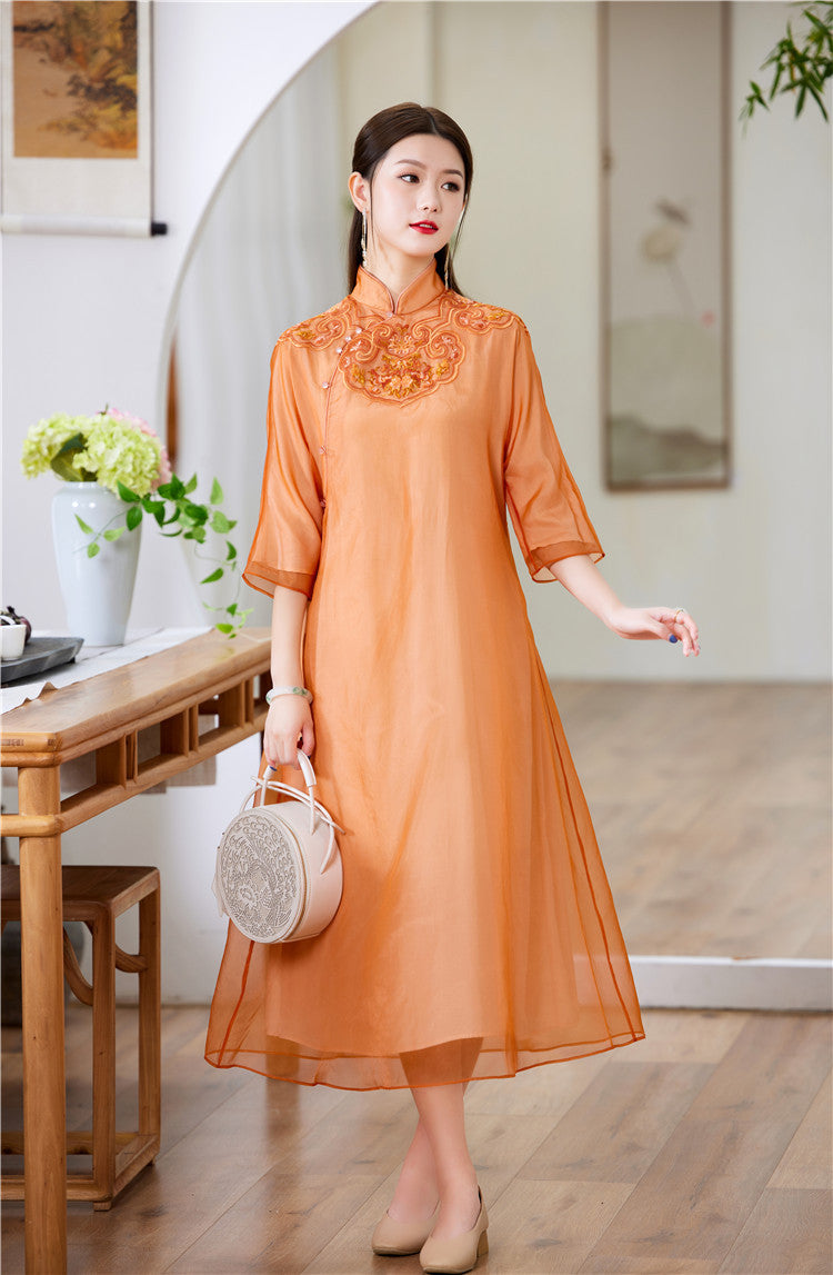 orange loose qipao cheongsam dress