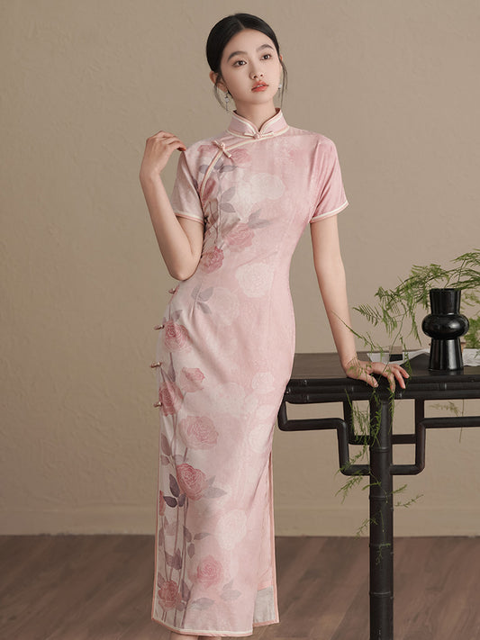 Short  Sleeves pink rose printed qipao cheongsam dress full length