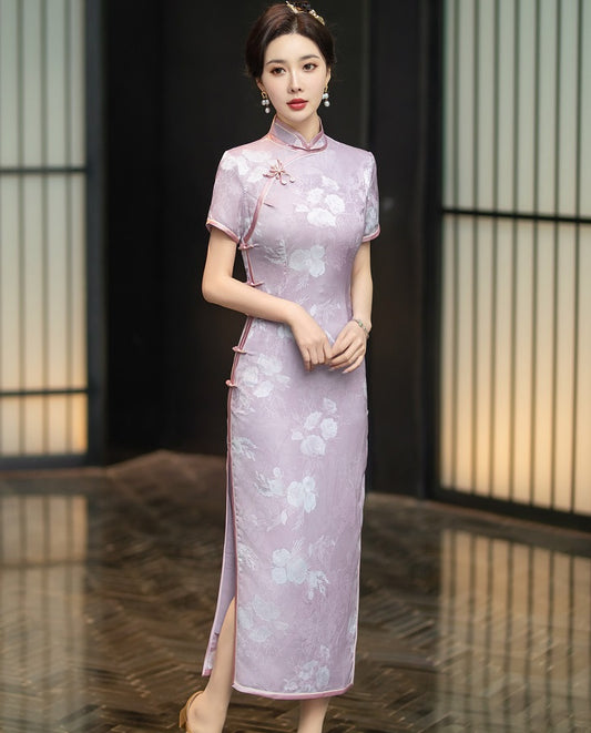 Purple Floral Cheongsam Qipao Dress