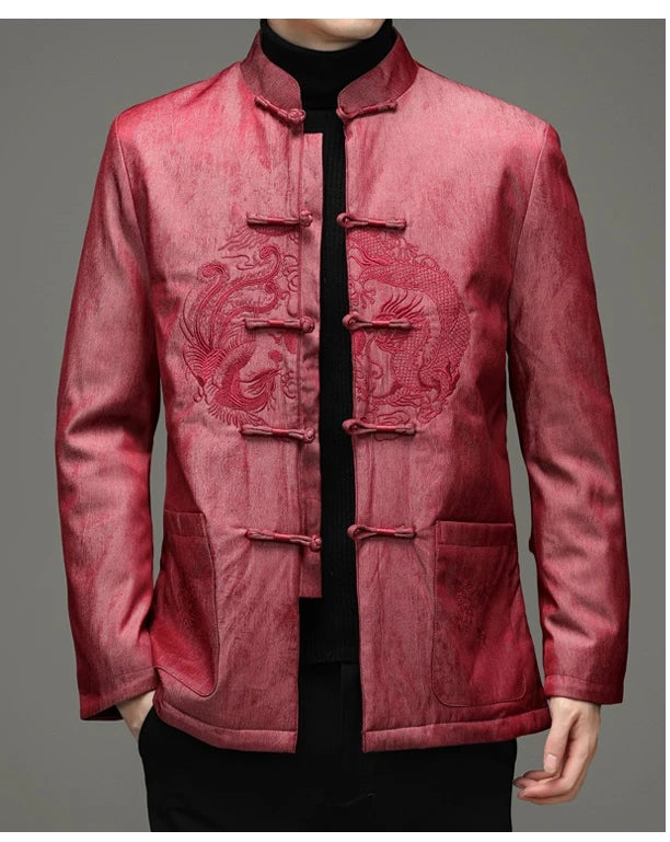 Red traditional Chinese Men’s  Goose Down Tang Jacket  with dragon design on a gray background