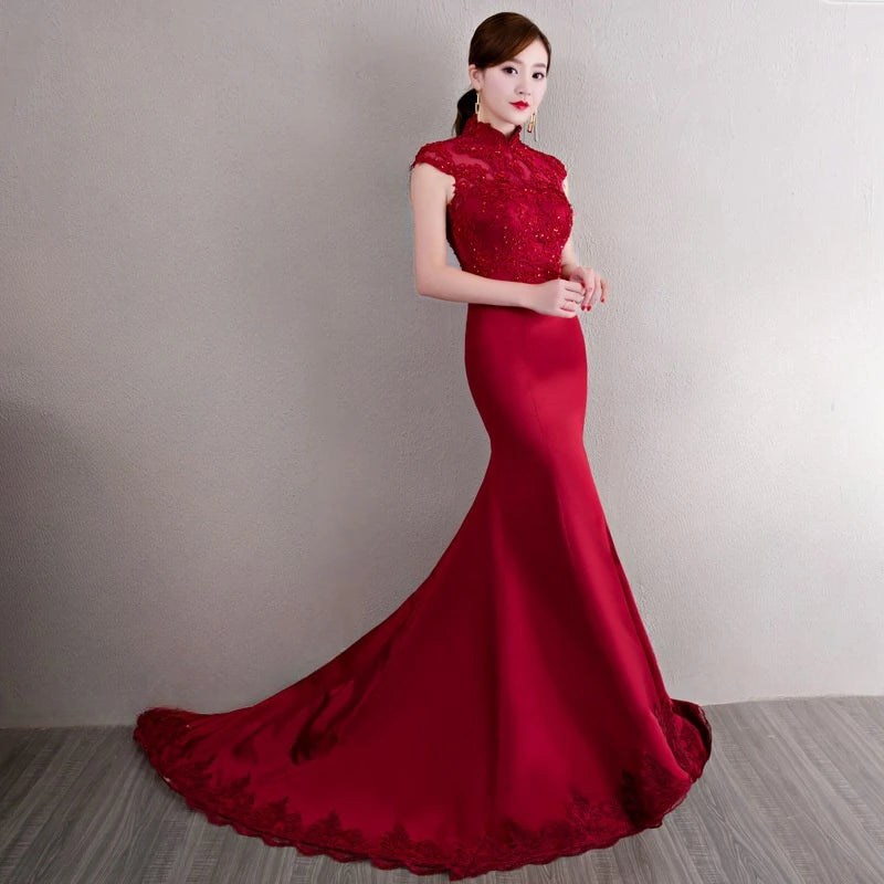 Red Chinese Wedding Qipao Cheongsam  Dress With Train
