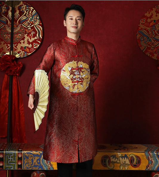 Red chinese groom dragon tang jacket