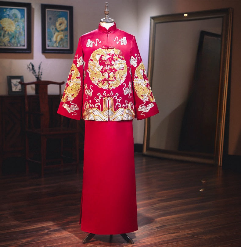 Red Chinese Wedding Groom Jacket with Dragon Embroidery - Traditional Ma Gua 