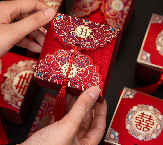 red Double happiness wedding favor box with tassel