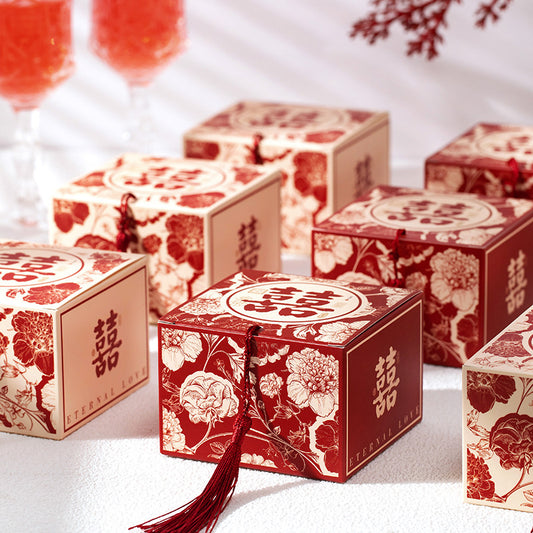 Red floral double happiness weddding favor box