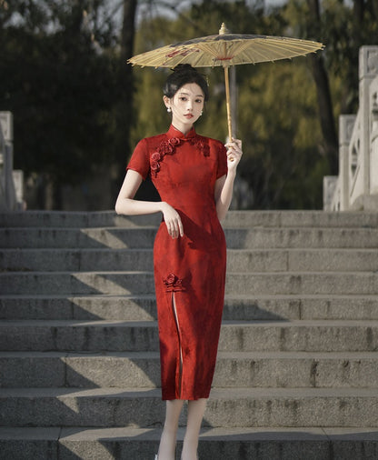 Red Modernised Chinese Qipao Cheongsam Dress With 3D Rose Flowers