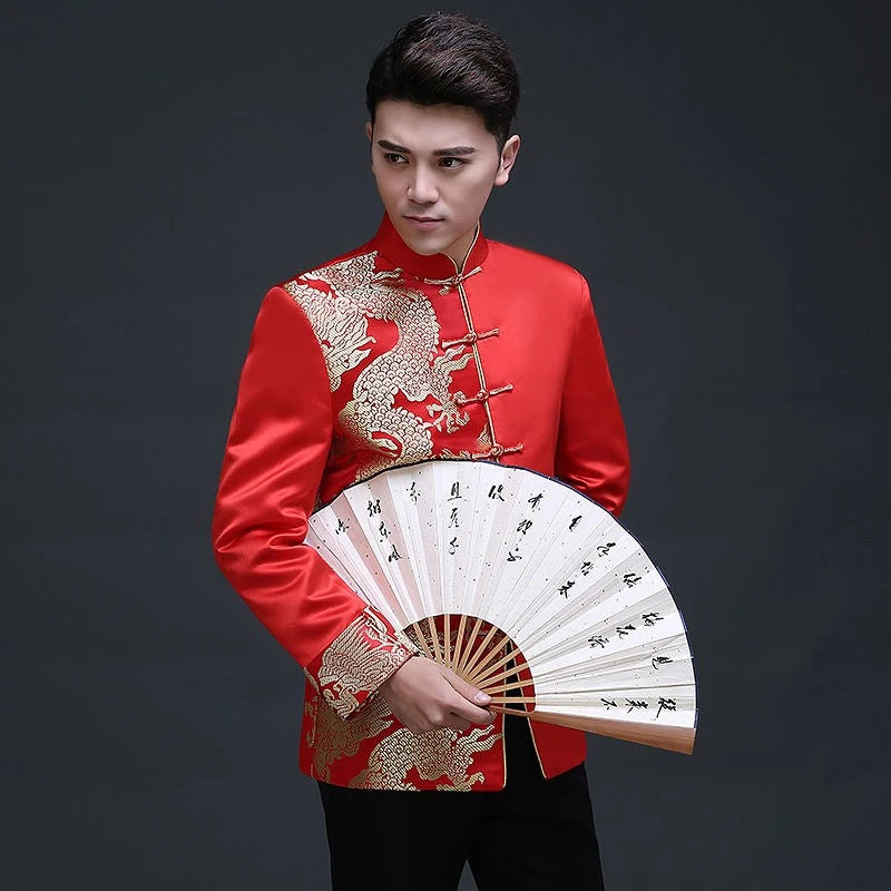 Traditional Chinese red Gold Dragon Tang Jacket for groom