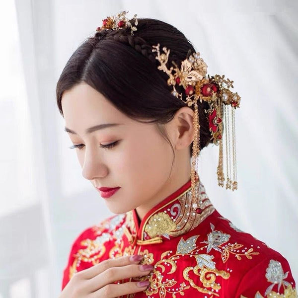Traditional chinese bridal gold and red  hair pieces