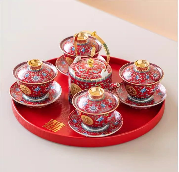 Floral Double Happiness Wedding Tea Set for chinese wedding tea ceremony