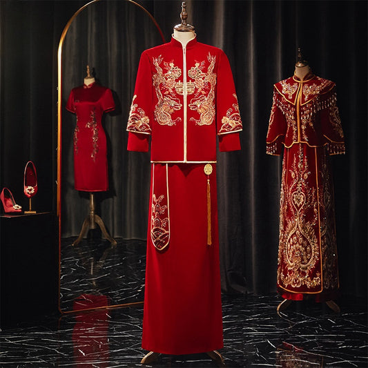 red  Traditional chinese groom wedding tang jacket ma gua