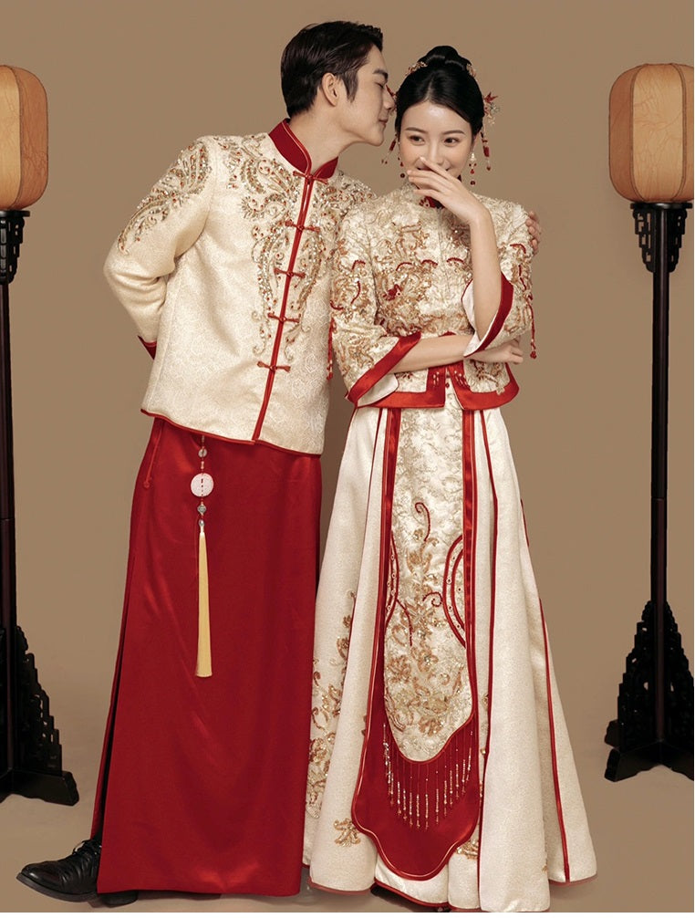 Red and gold traditional chinese wedding qun kwa dress and tang jacket ma gua set