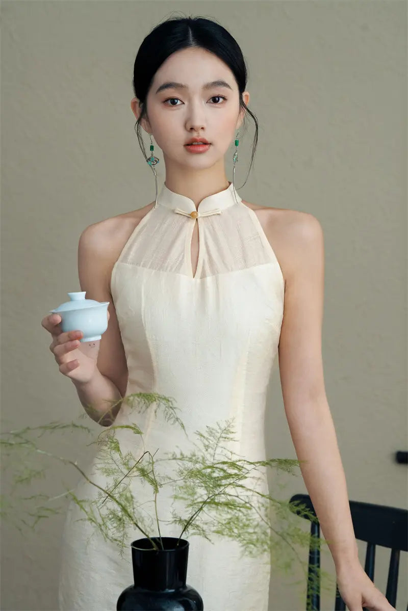 Ivory White Halter Neck Midi Cheongsam Qipao Dress