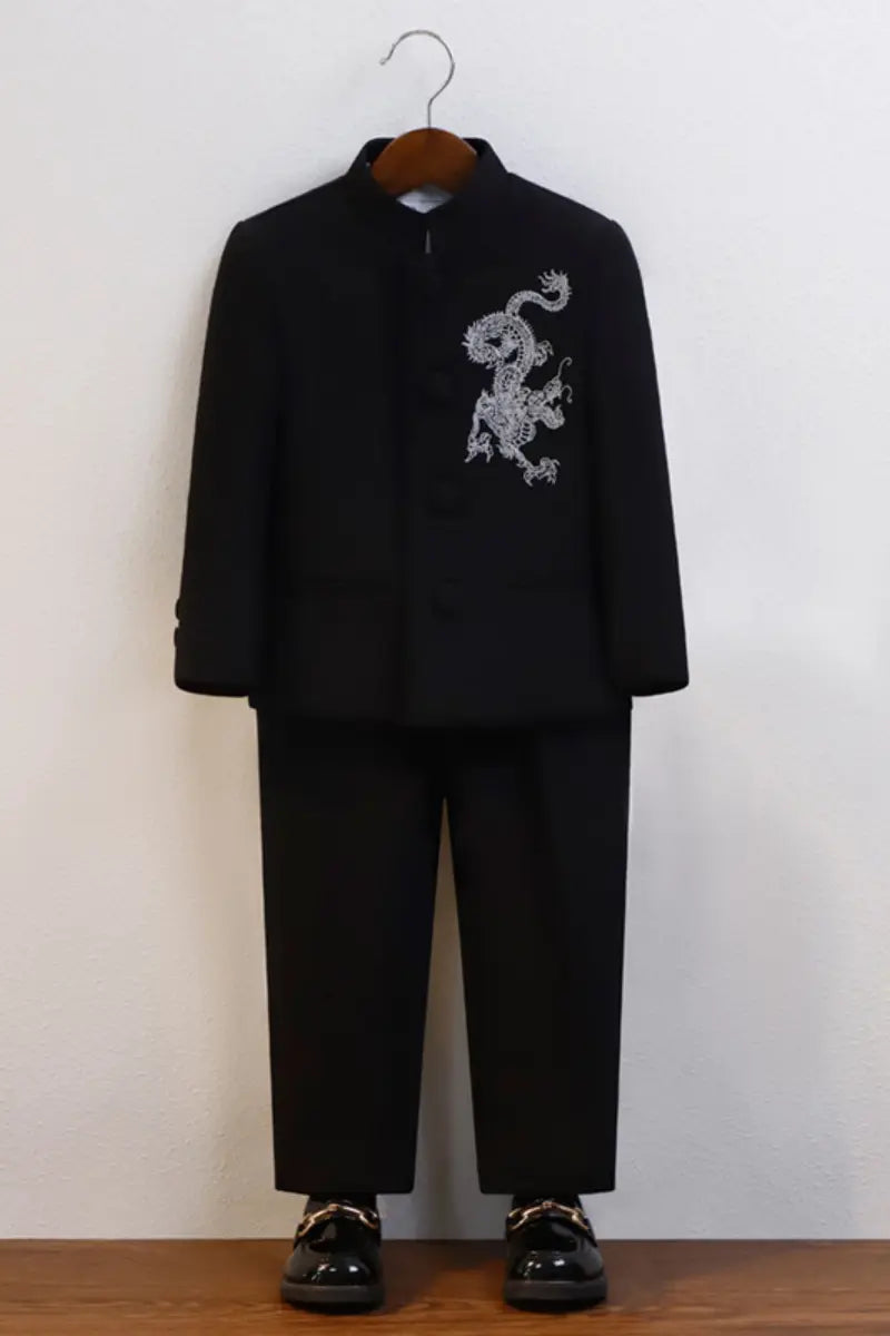 Boys' New Chinese Style Dragon Embroidered Zhongshan Suit Set