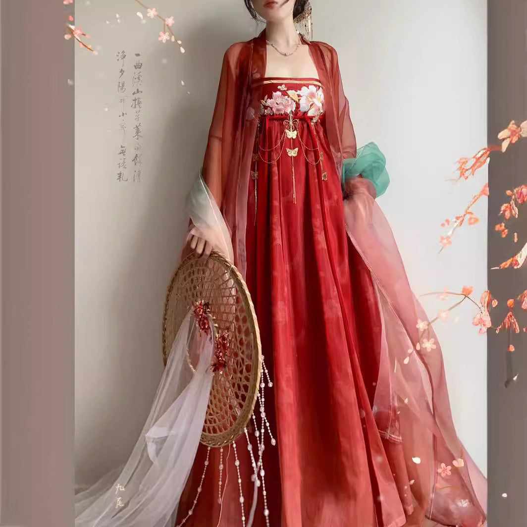 Rotes HanFu-Kleid aus der Tang-Dynastie mit Blumenmuster