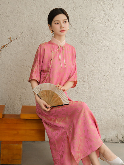 Lockeres Cheongsam-Qipao-Kleid aus Jacquard in Rosa