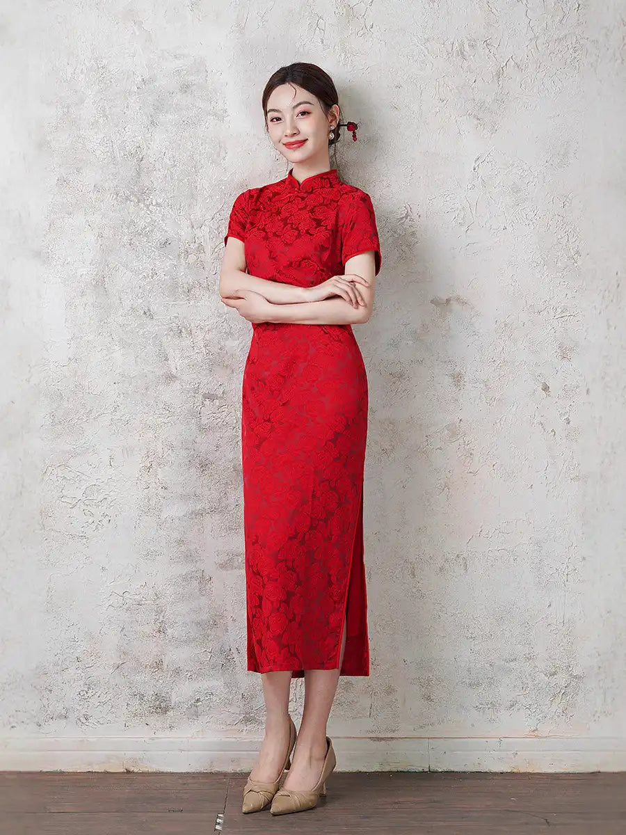 Red Jacquard Qipao Cheongsam Dress | Rose Whisper