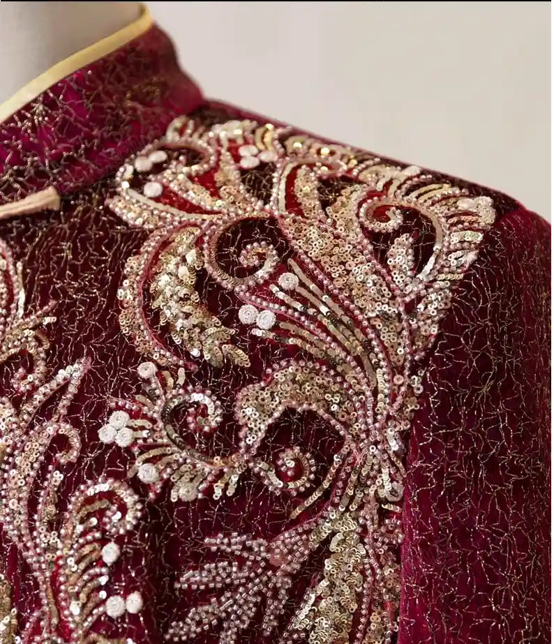 Costume Tang de marié rouge bordeaux Ma Gua | Shine