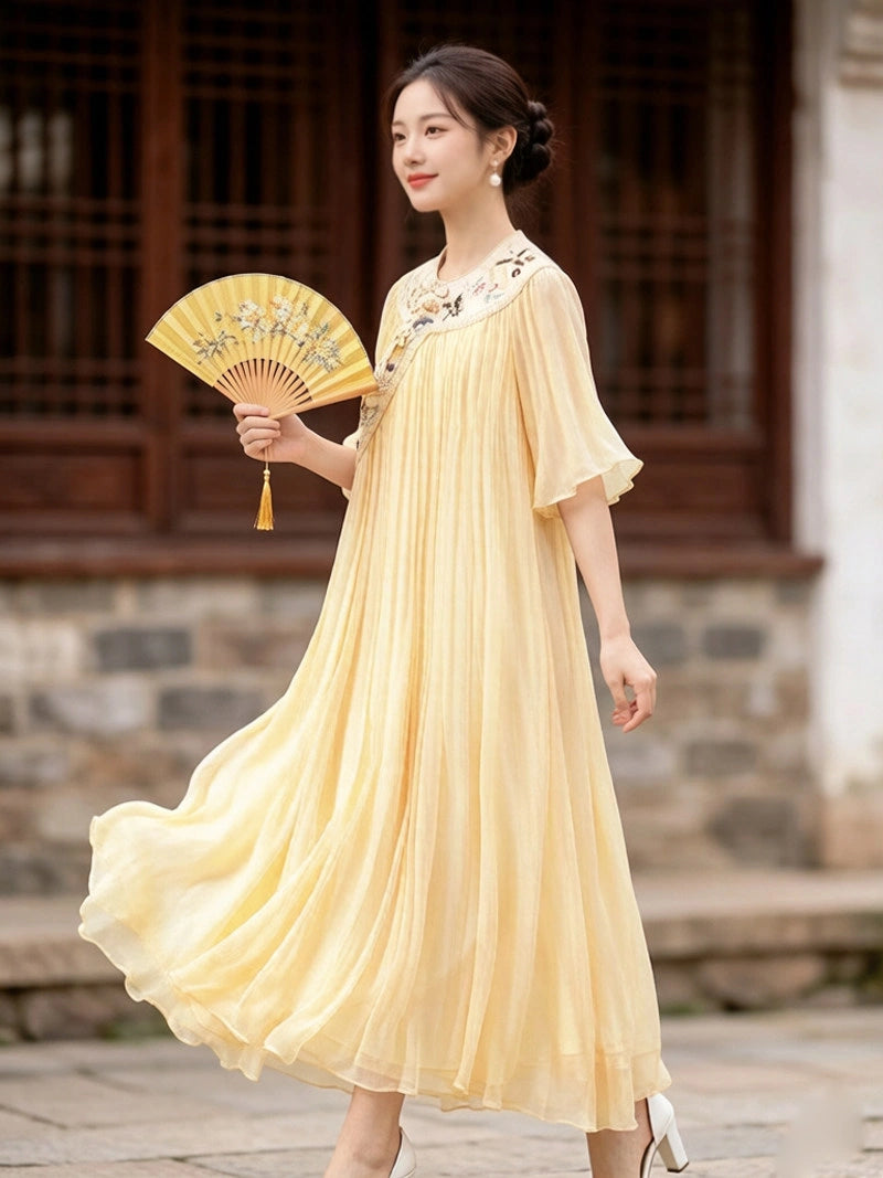 Classic Soft Yellow Chinese Embroidered Mulberry Silk Loose Qipao