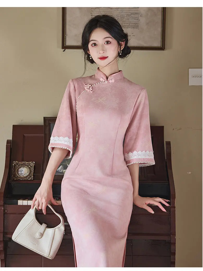 Vintage Golden Yellow/Pink Microsuede Cuff Bell Sleeve Qipao