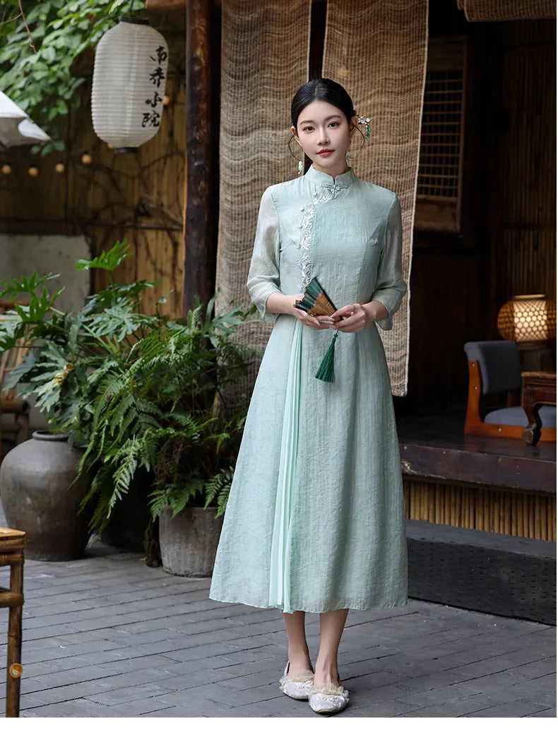 Green  Modern A-Line Tencel Jacquard Loose Cheongsam Qipao Dress