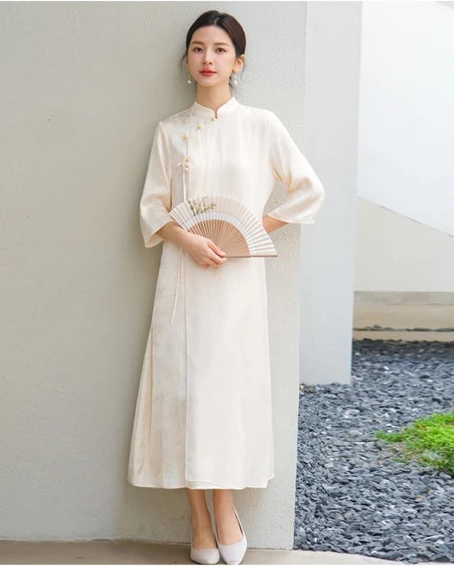 Ivory Loose  Qipao Cheongsam Dress – New Chinese Zen-Inspired Design