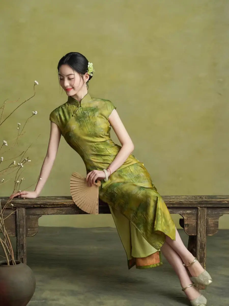 Vintage Green Bamboo Forest Cap Sleeve Qipao Dress