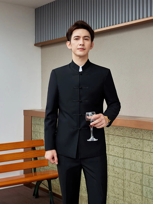 Modern Chinese Style Slim Fit Mandarin Collar Tang Suit Jacket Set