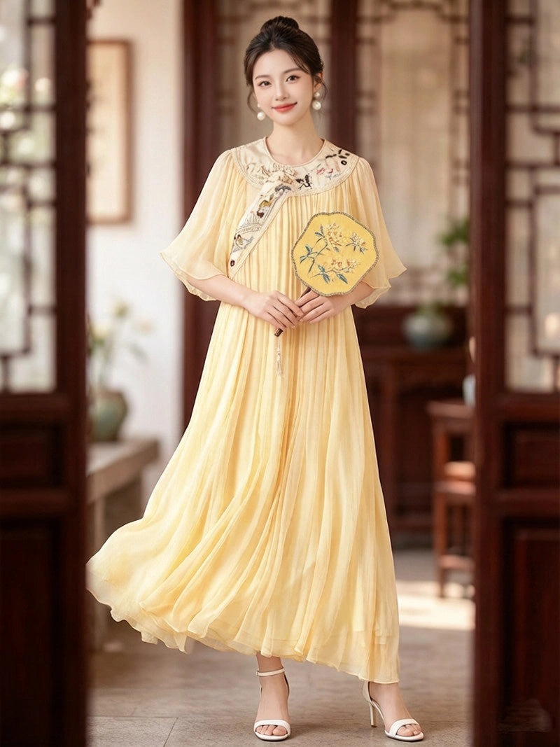 Classic Soft Yellow Chinese Embroidered Mulberry Silk Loose Qipao