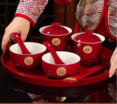 Red and golden Double Happiness Asian Chinese Wedding Tea Ceremony Tea Cups Bowls Set