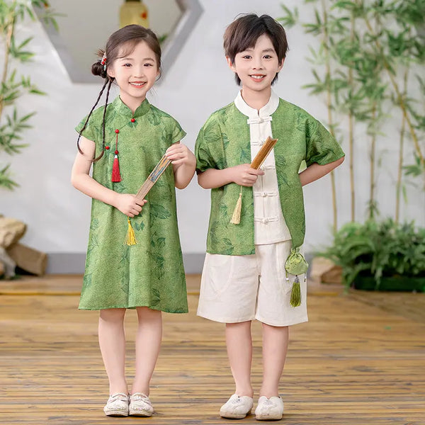 Green Traditional Kids Qipao & Tang Suit Set