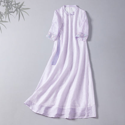 Lavender Loose Qipao Dress with Embroidered Cuffs