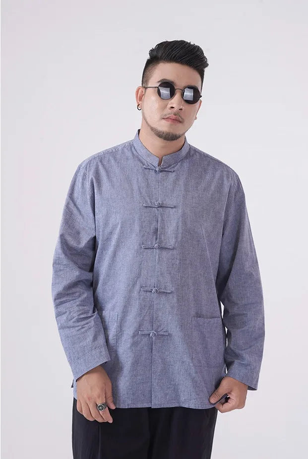Blue Plus-Size Cotton Linen Chinese kongfu Tang  Shirt