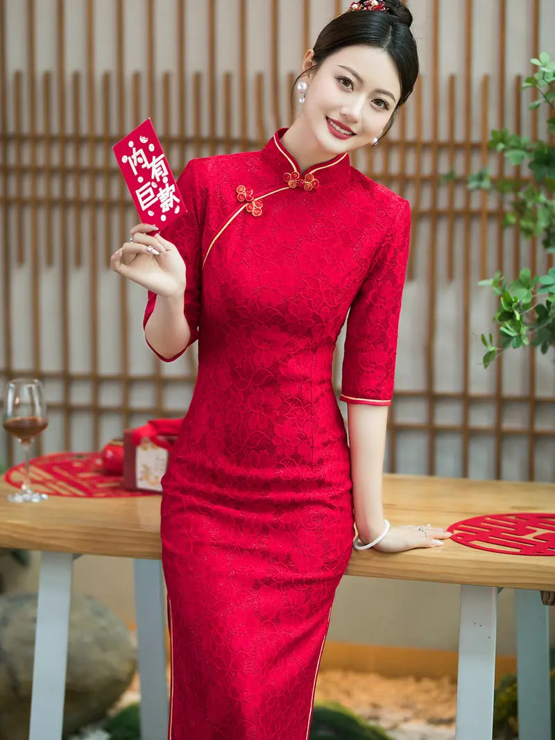 Crimson Red Floral Lace Long Sleeve Wedding Qipao With Gold Trim