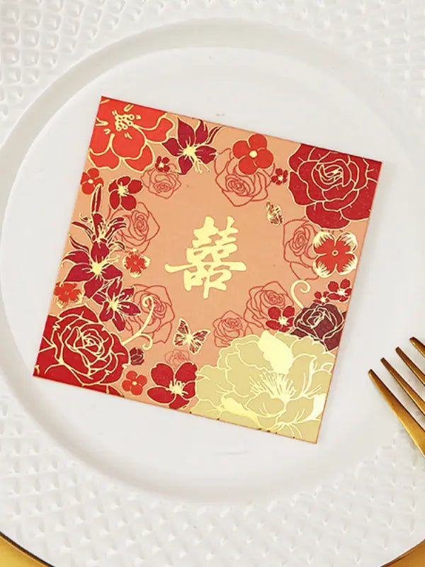 Double Happiness  Floral Wedding Red Envelopes  with floral patterns and gold text on a white plate