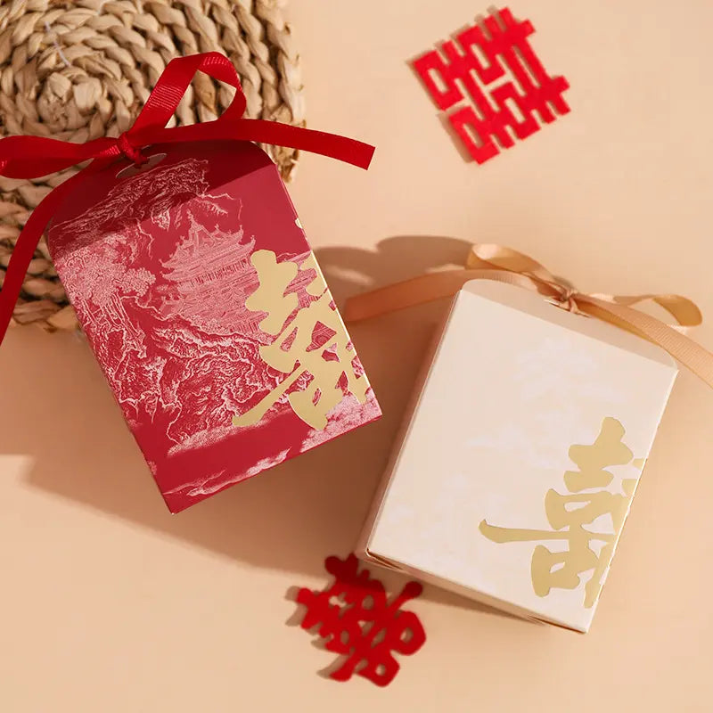 Red and white Gold Foil Double Happiness Chinoiserie Wedding Favor Boxes   with gold Chinese characters on a beige background
