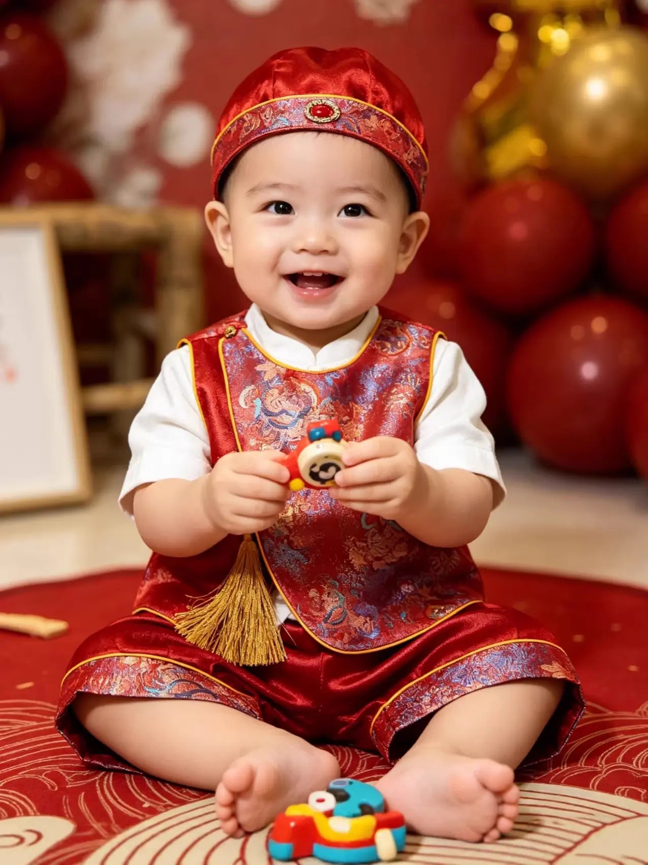Child in traditional chinese outfit holding a toy, with red and gold decorations in the background