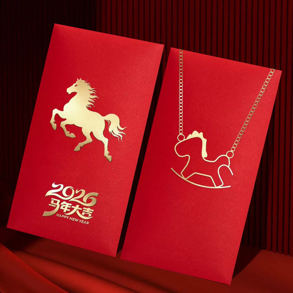 Red envelopes with gold horse designs and 'Happy New Year' text on a red background for chinese new year