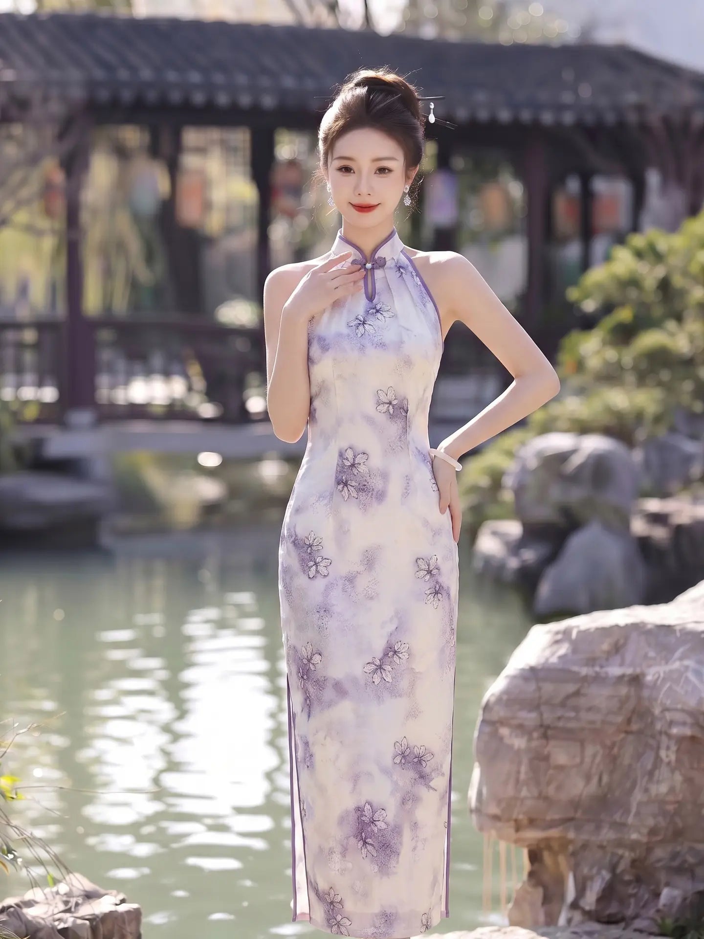 Purple Modern Halter Neck Floral Jacquard Qipao Dress
