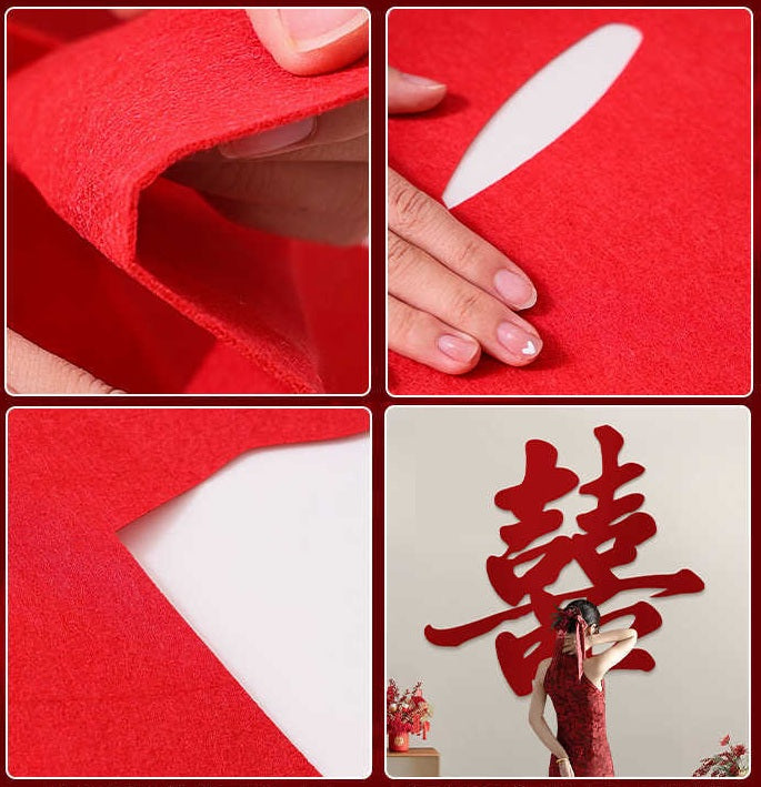 A four-panel collage showing a red felt decorative piece with a white triangular cutout and a large red Chinese character. Close-up panels show the fabric texture and the cut shape, while the bottom-right panel shows the character mounted on a wall with a woman standing in front of it.