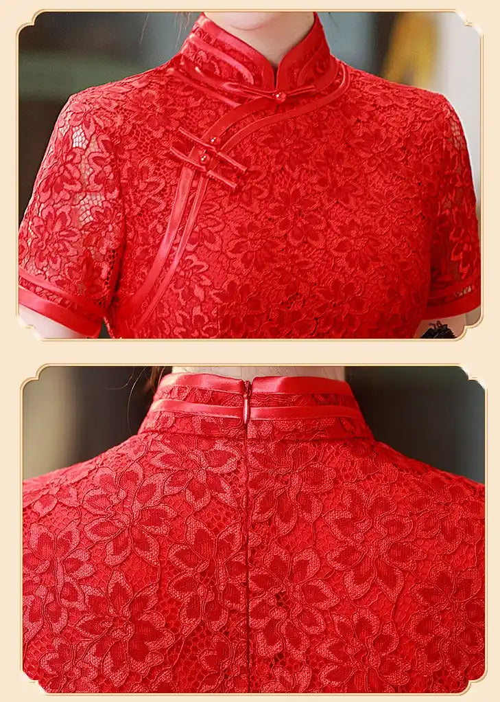 Red lace top with floral patterns and a decorative clasp on a beige background.