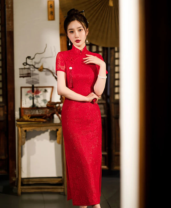 Woman wearing a Red Lace Midi Length Short Sleeves traditional Chinese Qipao Dress  in an indoor setting
