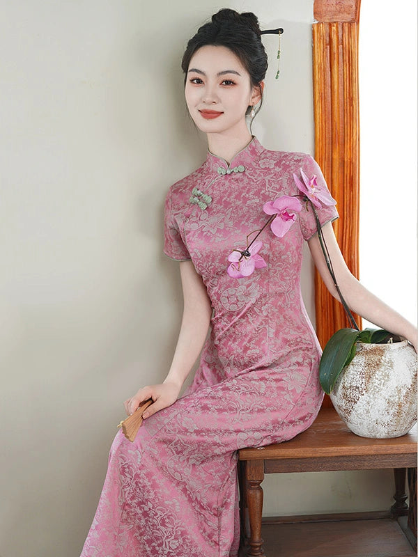 Rose Pink Floral Jacquard A-Line Qipao