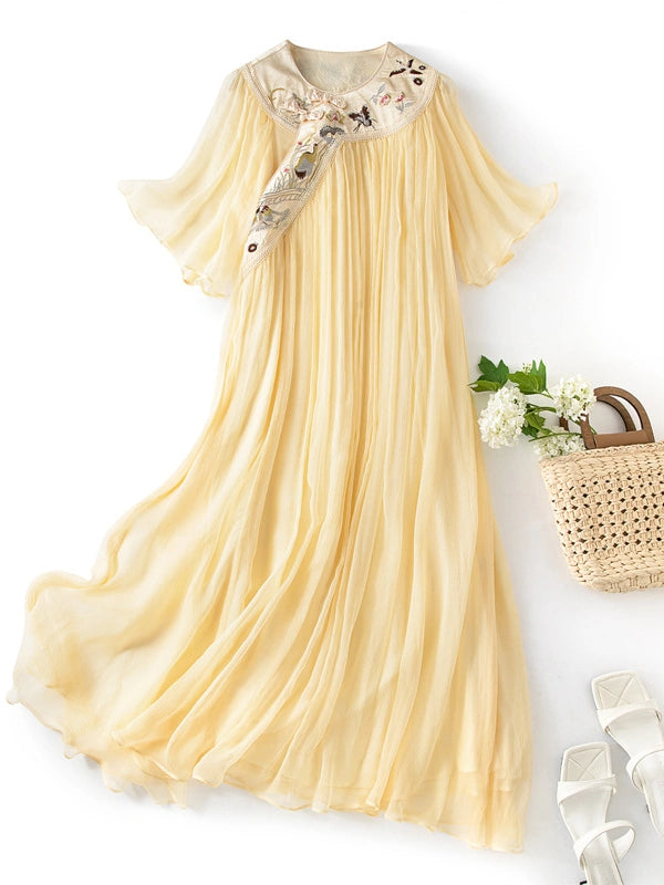 Classic Soft Yellow Chinese Embroidered Mulberry Silk Loose Qipao