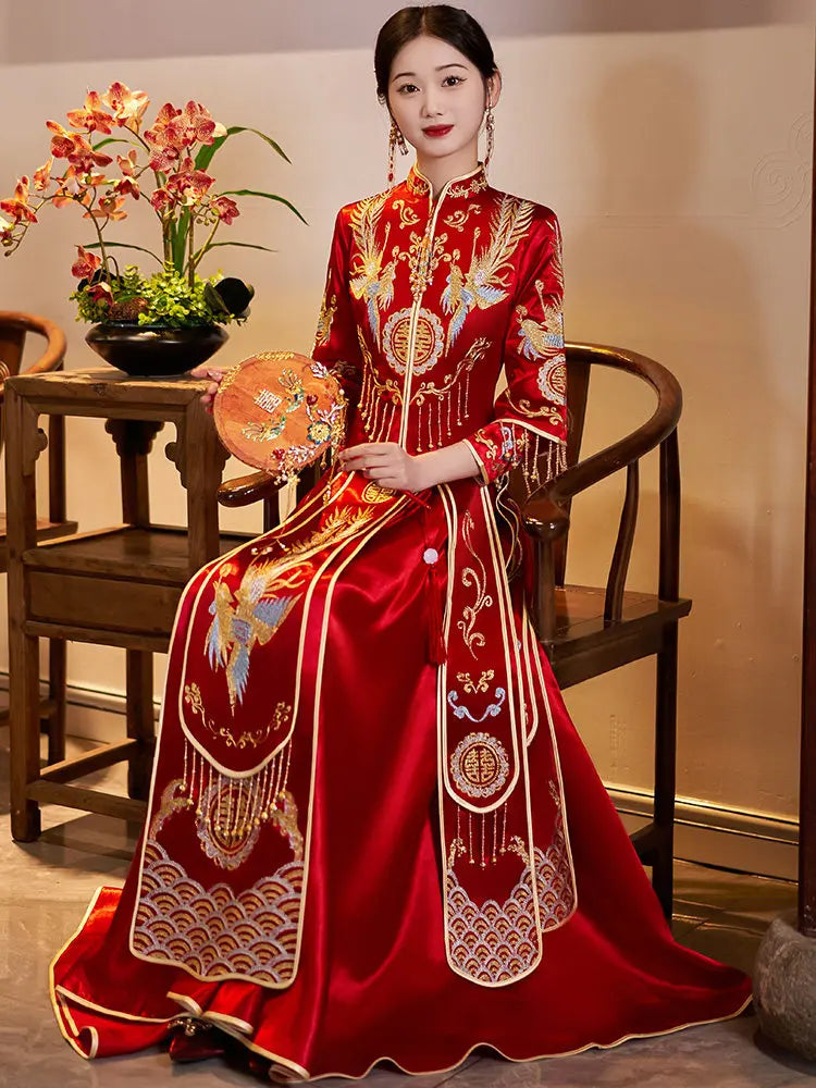 Traditional Red Chinese Bridal Xiuhe Phoenix Wedding Gown