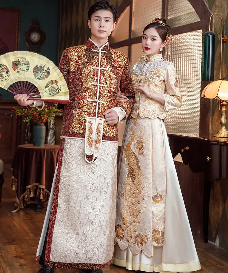 Golden Bridal  beaded Chinese Wedding Qun Kwa |Peacock