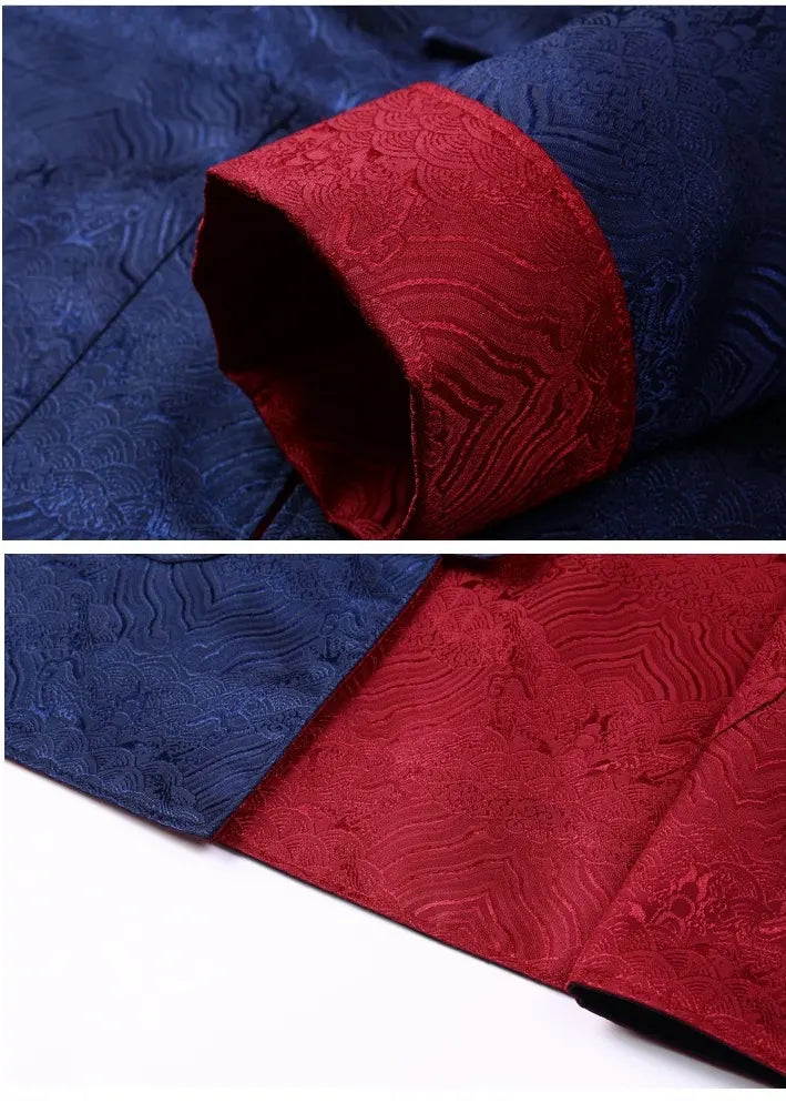 Close-up of blue and red textured fabric with a pattern.