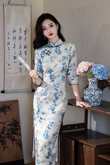 Blue/Green Plum Blossom Long Sleeves Qipao Cheongsam Dress