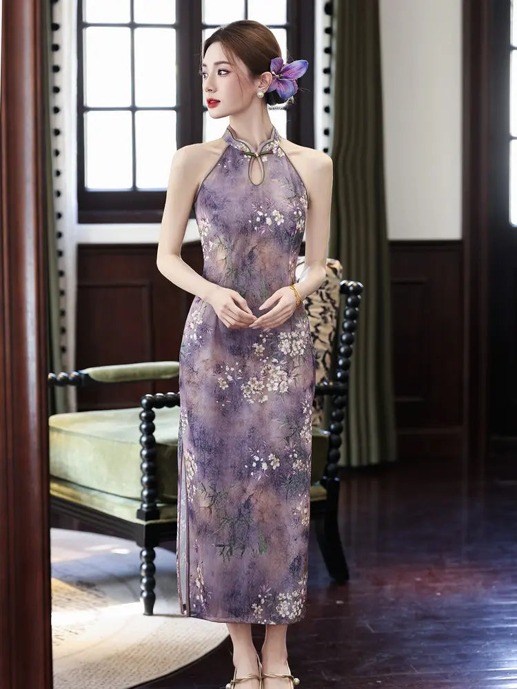 Neckholder-Midikleid mit Blumenmuster, Cheongsam und Qipao