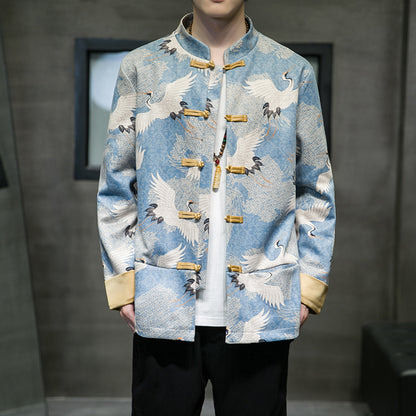 Light Blue Men’s Traditional Tang Suit Jacket with Crane Bird